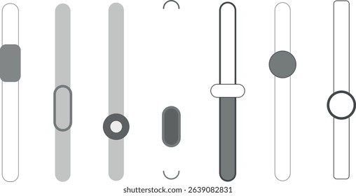 Scroll bar set, scroll bar slider, vertical brightness sliders, up and down scroll bar, UI design buttons interface. Navigation with scroll bar control in the interface.