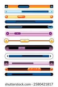 Scroll bars slider set. UI horizontal sliders set. Multicolor modern UI elements. Buttons with adjustable knobs for controlling audio or video. Vector illustration of intuitive design elements