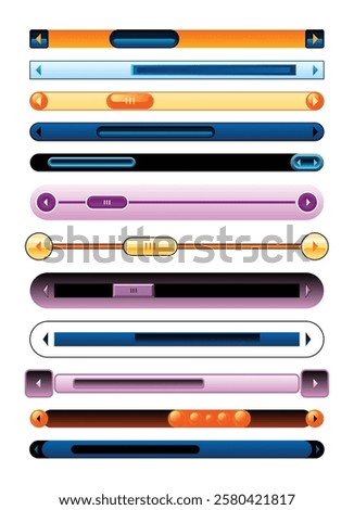 Scroll bars slider set. UI horizontal sliders set. Multicolor modern UI elements. Buttons with adjustable knobs for controlling audio or video. Vector illustration of intuitive design elements