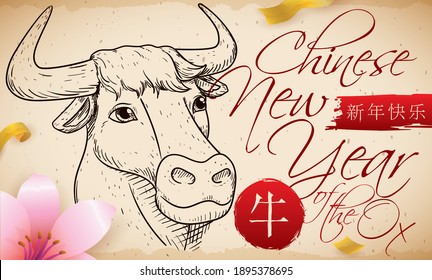 Scroll with beautiful ox head in hand draw style, peach flower, streamers and greeting message for a happy Chinese New Year of the Ox (written in Chinese calligraphy).