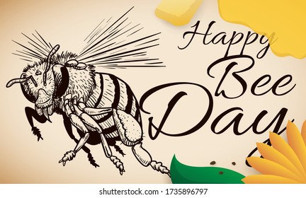 Scroll with bee in hand drawn style and elements scattered around it to celebrate Bee Day: beeswax, honey, flower petals, leaf and seeds to promote flowers cultivation.