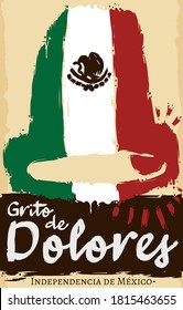 Scroll with bell in brush stroke style like Mexico flag, ready to celebrate Mexican Independence Day, also called 'Grito de Dolores' (texts written in Spanish).