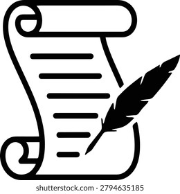 A scroll with blank lines and a feather quill pen resting on top isolated on transparent background
