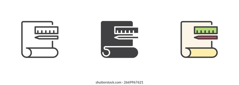 Scroll blueprint with ruler and paintbrush in different style icon set. Line, solid and filled outline versions. Color vector sign and symbol for lettering and craft icon.