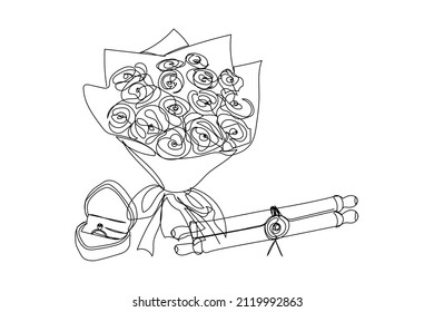 Scroll with bouquet of roses and engaged ring continuous line drawing. One line art of letter, flowers, romantic, 14 february, heart, relationships, letter, love, peonies.