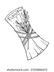 Scroll with branch of rosemary tied with rope, witchcraft, conspiracies, spells, halloween attribute, hand drawn doodle, scroll with torn edge texture. Vector illustration