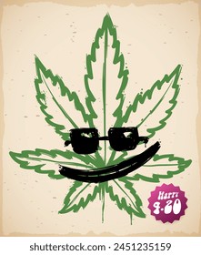 Scroll with brushstroke drawing of cannabis leaf with sunglasses and round label for a happy 420.