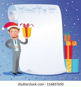 Scroll And Businessman With Christmas Gifts.