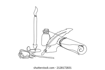 Scroll and candle with inkwell, feather, rose continuous line drawing. One line art of letter, candlestick, romantic, 14 february, heart, relationships, letter, love.