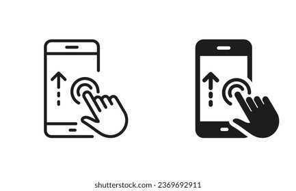 Scroll Up in Cellphone Line and Silhouette Icon Set. Swipe Up Gesture on Mobile Phone Display Pictogram. Touch Screen in Digital Electronic Device Symbol Collection. Isolated Vector Illustration.