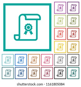 Scroll with certificate flat color icons with quadrant frames on white background