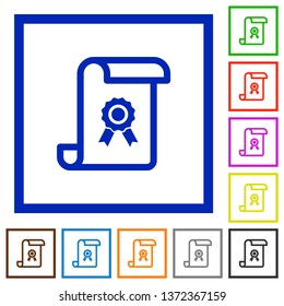 Scroll with certificate flat color icons in square frames on white background