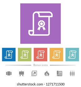 Scroll with certificate flat white icons in square backgrounds. 6 bonus icons included.
