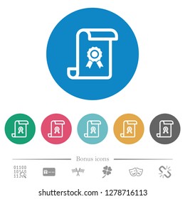 Scroll with certificate flat white icons on round color backgrounds. 6 bonus icons included.