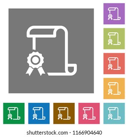 Scroll with certificate on left flat icons on simple color square backgrounds