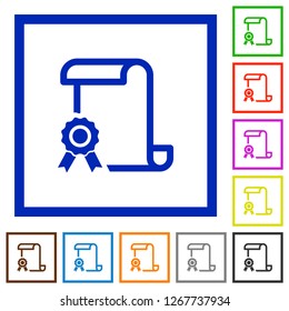 Scroll with certificate on left flat color icons in square frames on white background