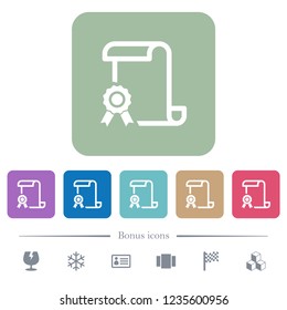 Scroll with certificate on left white flat icons on color rounded square backgrounds. 6 bonus icons included
