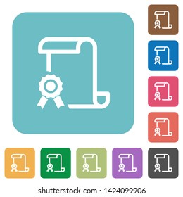 Scroll with certificate on left white flat icons on color rounded square backgrounds