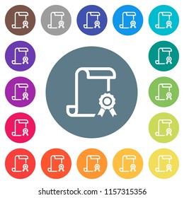 Scroll with certificate on right flat white icons on round color backgrounds. 17 background color variations are included.
