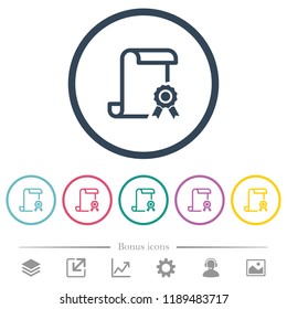 Scroll with certificate on right flat color icons in round outlines. 6 bonus icons included.
