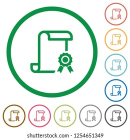 Scroll with certificate on right flat color icons in round outlines on white background