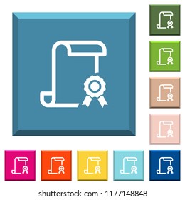 Scroll with certificate on right white icons on edged square buttons in various trendy colors