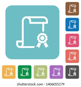 Scroll with certificate on right white flat icons on color rounded square backgrounds