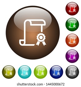 Scroll with certificate on right white icons on round color glass buttons