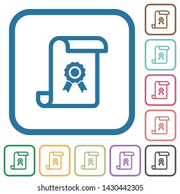 Scroll with certificate simple icons in color rounded square frames on white background