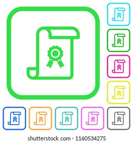 Scroll with certificate vivid colored flat icons in curved borders on white background