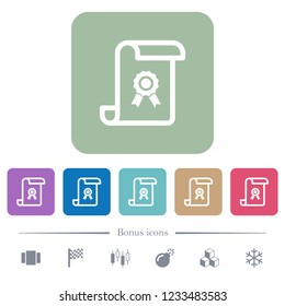 Scroll with certificate white flat icons on color rounded square backgrounds. 6 bonus icons included