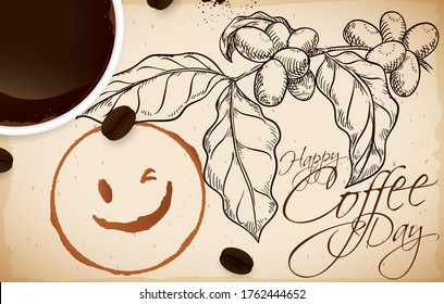 
Scroll with coffee plant drawing, some roasted beans scattered, smiling stain and delicious cup with steamy drink promoting a happy Coffee Day celebration.