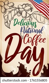 
Scroll with coffee plant in hand drawn style, steamy drink and U.S.A. flag like a ribbon promoting a delicious National Coffee Day celebration.