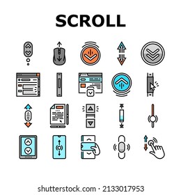 Scroll Computer Mouse Cursor Icons Set Vector. Mobile And Web Page Scroll, Page Navigation And Screen, Button Click And Gesture Hand Line. Scrolling And Clicking Color Illustrations