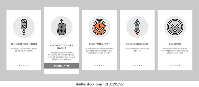 Scroll Computer Mouse Cursor Onboarding Mobile App Page Screen Vector. Mobile And Web Page Scroll, Page Navigation And Screen, Button Click And Gesture Hand . Scrolling And Clicking Illustrations svg