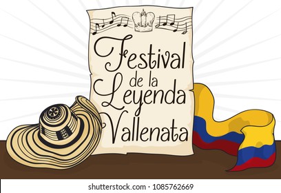 Scroll with crown and musical notes in stave promoting Vallenato Legend Festival (written in Spanish) and Colombian sombrero vueltiao -turned hat- and flag.