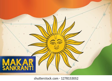 Scroll decorated with Capricornus constellation and Sun draw in a scroll, with waving clothes like Indian flag for the celebration of Makar Sankranti.