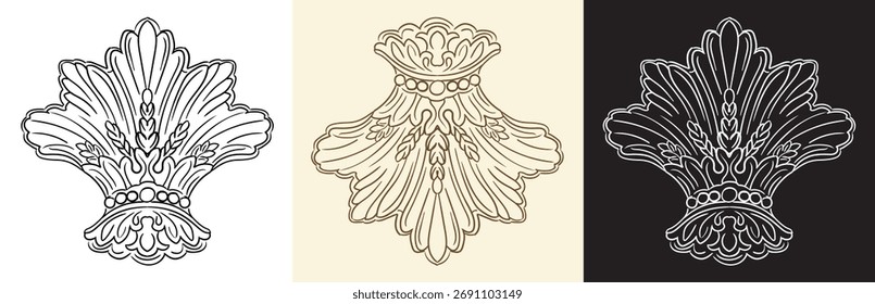 Rolar elemento decorativo abstrato deixa três cores. Vintage ornamento de casamento barroco. Padrão retrô de gravação e monograma. Ilustração isolada de vetor para decoração, cartões e criação de conteúdo