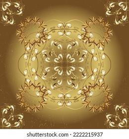 Scroll decorative vintage elements. Curl line flourish symbols. Victorian swirly ornaments Vector illustration. Seamless. Doodle, sketch, scribble on yellow, brown and beige colors.