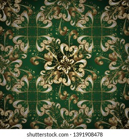 Scroll decorative vintage elements. Victorian swirly ornaments Vector illustration. Doodle, sketch, scribble on beige and green colors. Seamless. Curl line flourish symbols.