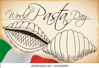 Scroll with delicious conchiglie pasta in both sides: front and rear side in hand drawn style with Italian flag to commemorate World Pasta Day.