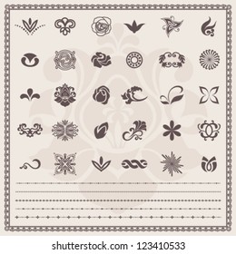 Scroll Design elements / borders. Vector set: Floral and ornamental symbols. Abstract flowers patterns. Useful for decoration diploma, certificate, voucher and etc.