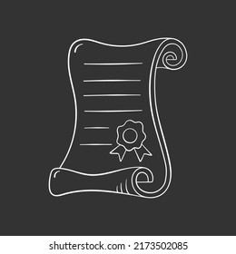 Scroll diploma in doodle style, vector illustration. Icon certificate for print and design. Isolated element on a chalk board background. Back to school concept, hand drawn sketch