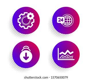 Scroll down, 24h service and Cogwheel icons simple set. Halftone dots button. Trade infochart sign. Swipe screen, Call support, Engineering tool. Business analysis. Business set. Vector