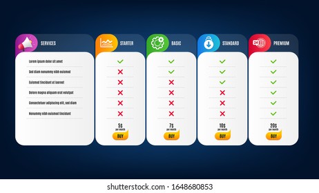 Desplácese hacia abajo, 24h servicio y los iconos del CogWheel simple conjunto. Lista de precios, tabla de precios. Signo de infográfico comercial. Pantalla rápida, Call support, Herramienta de ingeniería. Análisis de negocios. Conjunto de negocios. Vector