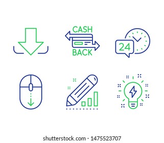 Scroll down, 24h service and Edit statistics line icons set. Cashback card, Download and Inspiration signs. Mouse swipe, Call support, Seo manage. Money payment. Technology set. Vector