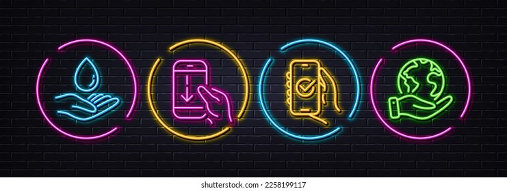 Scroll down, Approved app and Water care minimal line icons. Neon laser 3d lights. Save planet icons. For web, application, printing. Swipe phone, Confirm smartphone, Aqua drop. Outsourcing. Vector