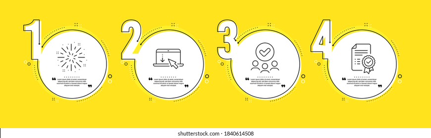 Scroll down, Approved group and Fireworks explosion line icons set. Timeline process infograph. Certificate sign. Landing page, Teamwork, Pyrotechnic salute. Verified document. Business set. Vector