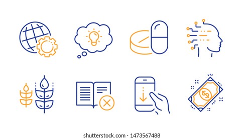 Scroll down, Artificial intelligence and Energy line icons set. Globe, Reject book and Gluten free signs. Medical drugs, Payment symbols. Swipe phone, Mind intellect. Business set. Vector