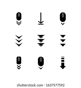 Scroll down buttons black glyph icons set on white space. Internet page browsing and download indicators. Computer mouse and downward arrows. Silhouette symbols. Vector isolated illustration